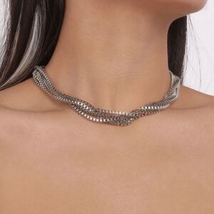 Silvertone Box Chain Multi Strand Necklace Quiet Luxury Classic Layered Multiple